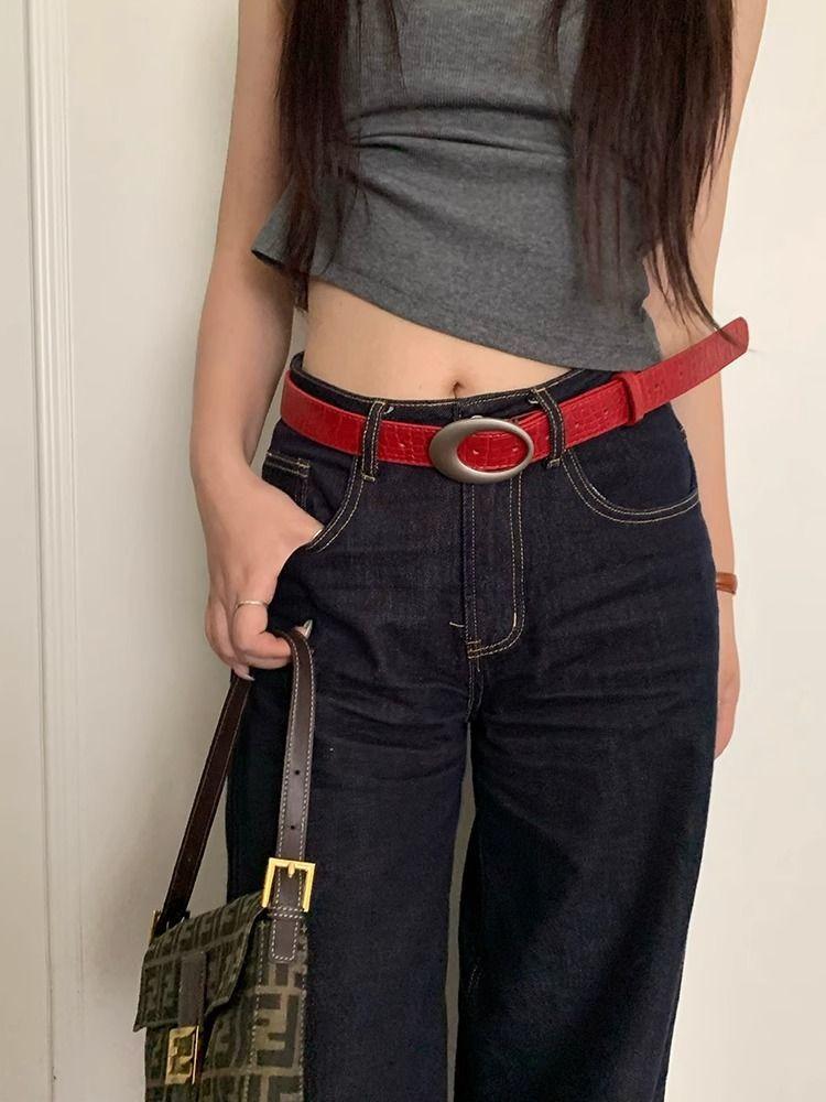 Pu Leather Retro Red Crocodile Pattern Belt For Women Fashion Accessory