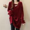 Plus Size Golden Velvet Rhinestone Hollow Long Sleeve Top - 2025 Early Spring Trendy Loose Slimming Base Layer