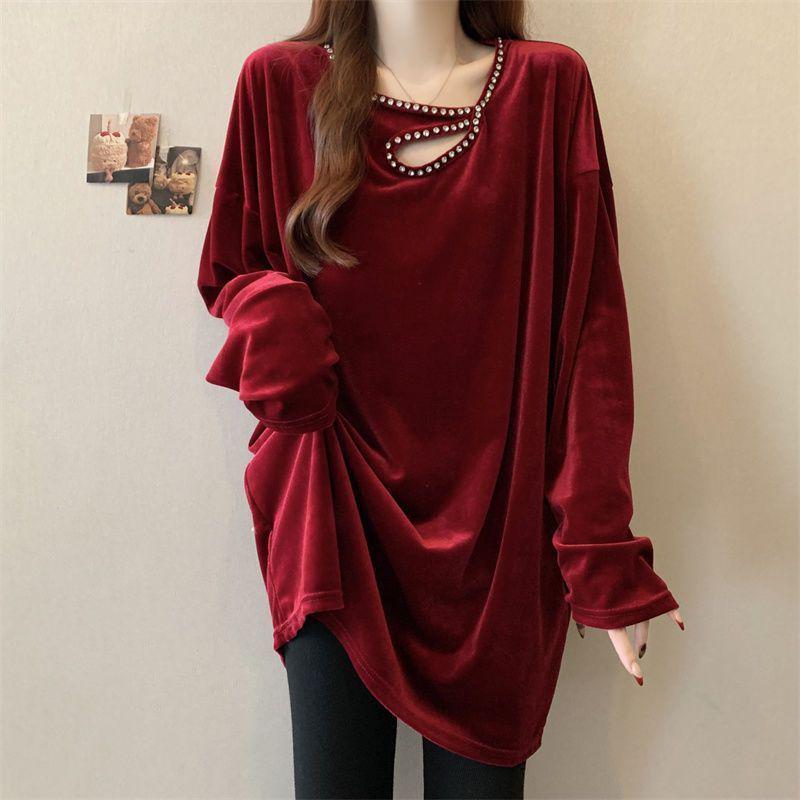 Plus Size Golden Velvet Rhinestone Hollow Long Sleeve Top - 2025 Early Spring Trendy Loose Slimming Base Layer