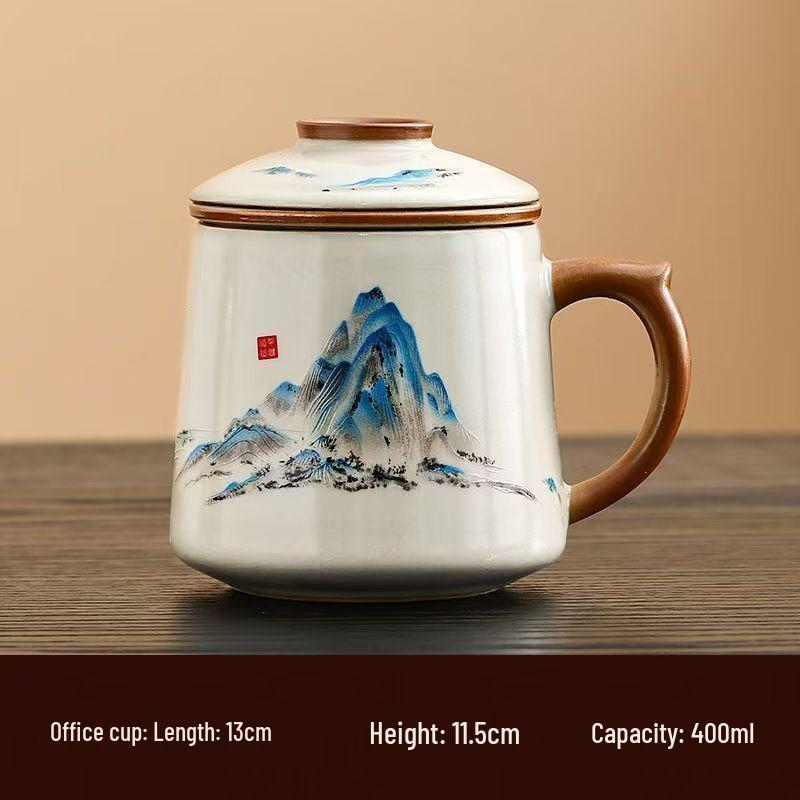 Blue and White Ceramic Office Mug with Tea and Water Separation, Large Capacity.