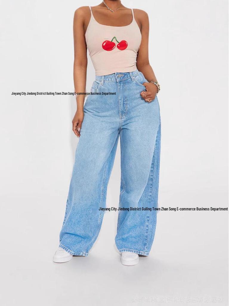 Evropské a americké džíny s vysokým pasem, tmavě modré, široké nohavice po zem pro ženy - Korejský styl, trendy volný střih