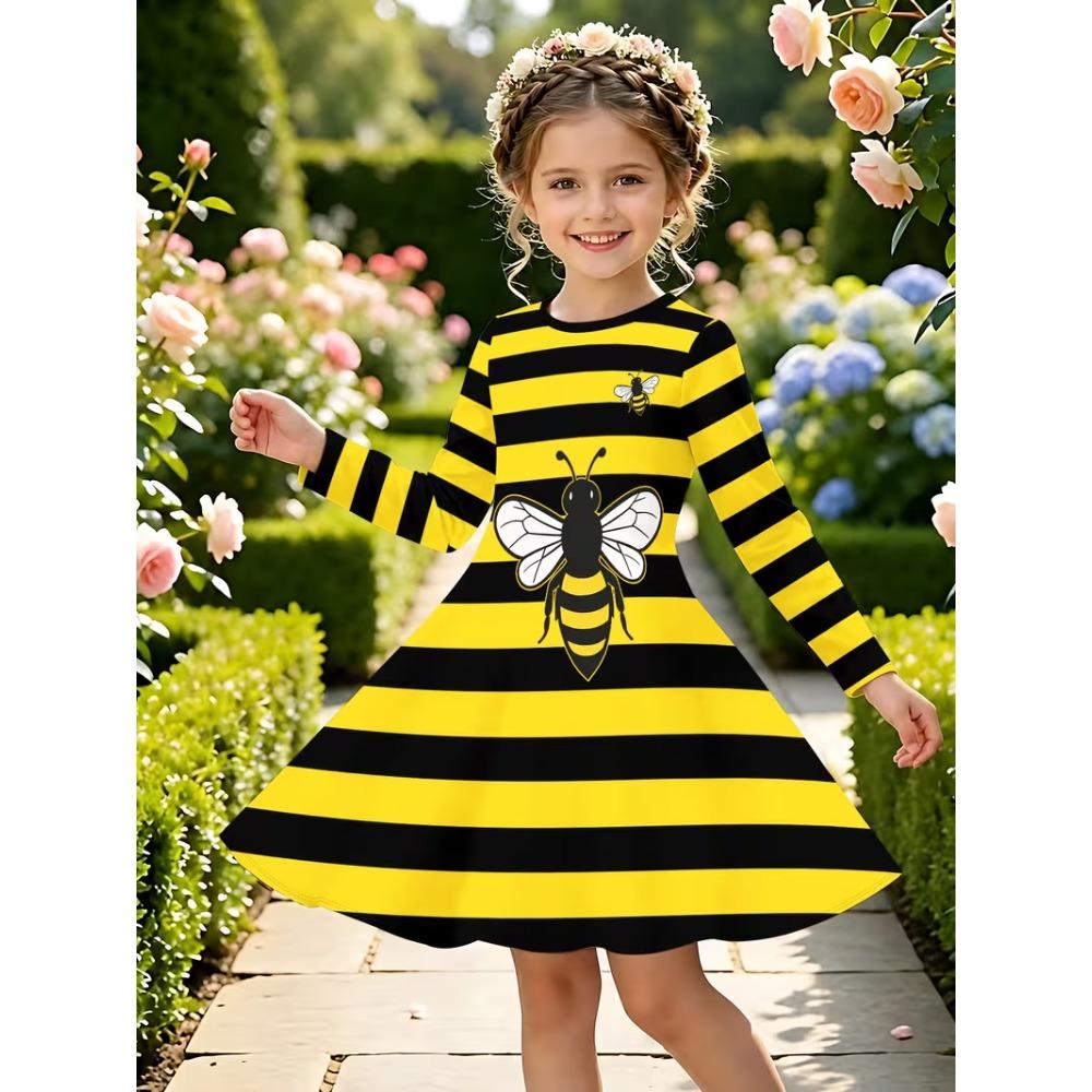 Girls' 3D Striped Bee Dress Long Sleeve Summer Spring Vacation Daily Holiday Princess Beautiful Sweet Kids 4-12 Years Casual Dress A Line Dress