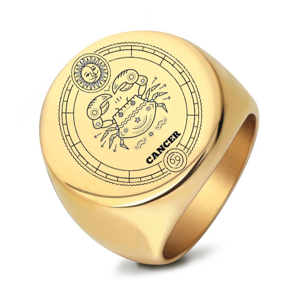 22mm Round Stainless Steel Zodiac Sign Men Ring Retro Fashion Index Finger Ring for Men