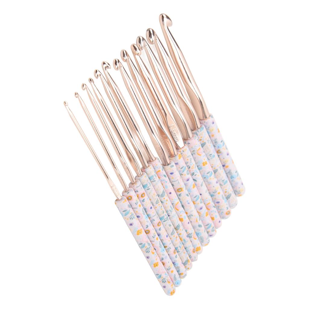 Häkelnadeln Set Aluminium 12 Größen Elegant Ergonomisch Kunststoff Blauer Blumenstempelgriff Häkelnadeln für DIY Handstricken