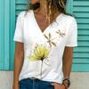 Sommer Kvinner Kortermet V-hals Oversized T-skjorte for kvinner Hvit mote T-skjorte for kvinner 3d Dragonfly Print Topp Uformelle klær