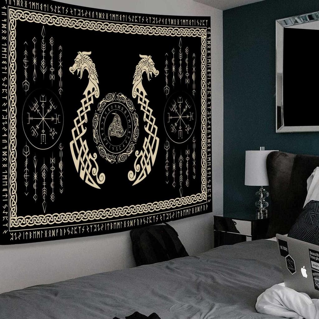 Viking Dragon Tapestry, Ancient Rune Dragon Totem Norse Mythology Wall Art Tapestries, Black White Mystical Geometric Norse