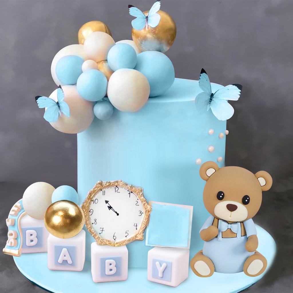 14 ks Medvídkových Topperů na Dort Mini Medvídek Zlatý Modrý Bílý Perlový Míček Na Baby Shower Chlapec Narozeninová Oslava Téma Medvídek Party Potřeby