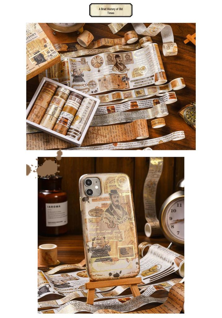 AGUGU Story Collection Gold Foil Retro Journal Washi Tape & DIY Decorative Stickers Set