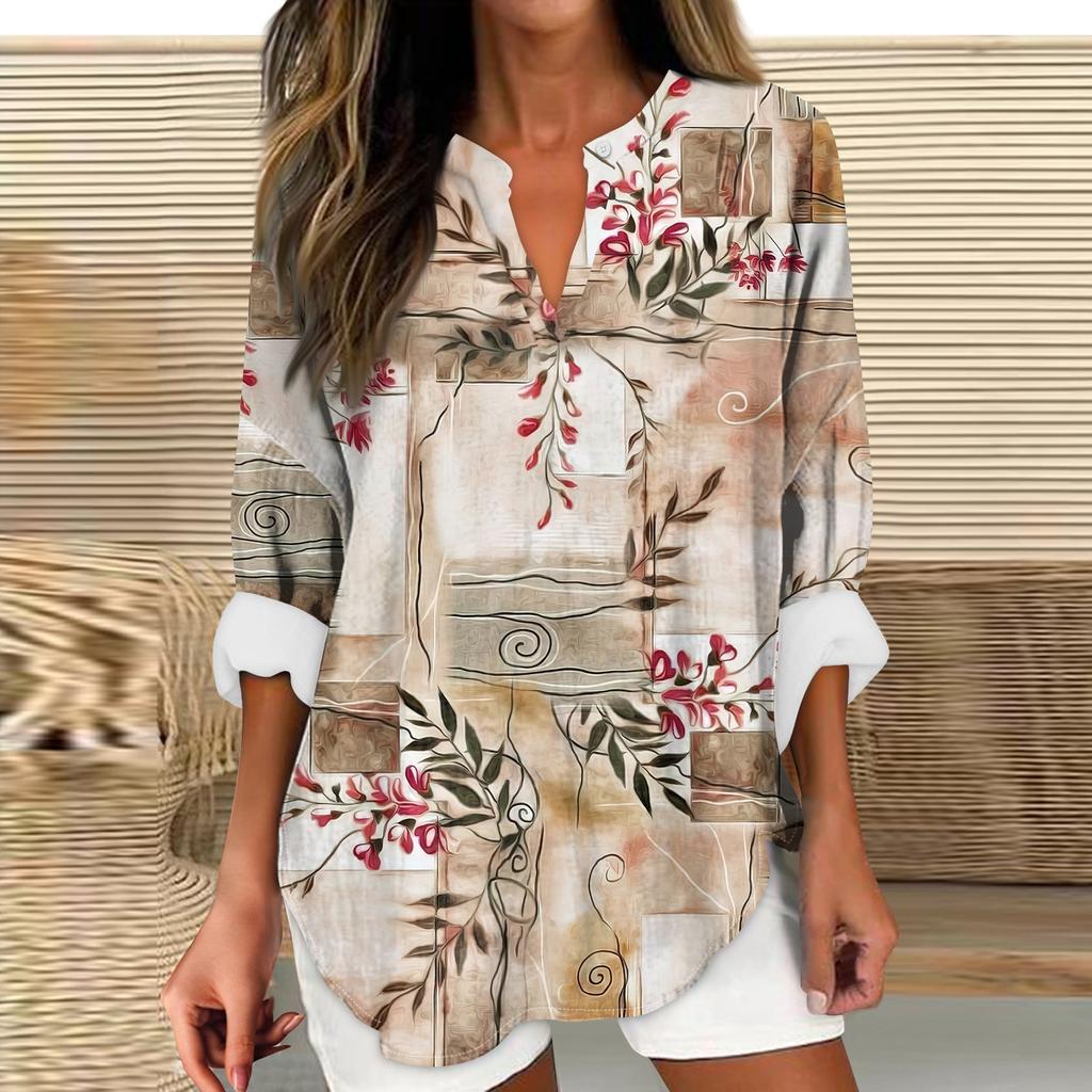Women's Fashion Casual Printed Drop Shoulder Long Sleeve V-Neck Women's Hemp Tops