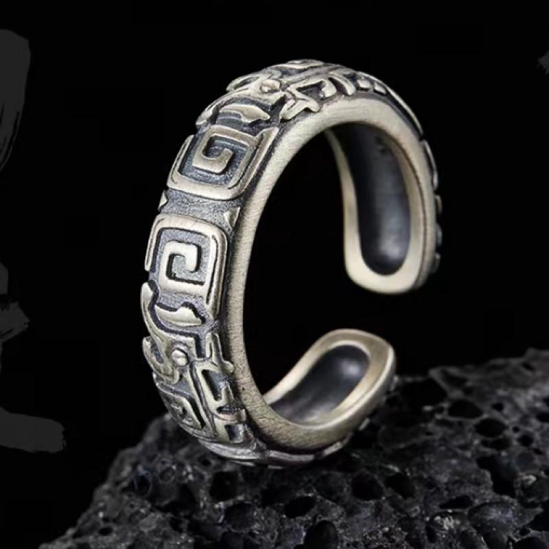 Adjustable Mens Ring With Dragon Motif Geometric Design Vintage Style Unisex Statement Finger