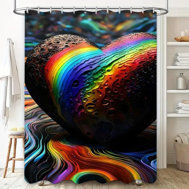 Surreal Rainbow Heart Shower Curtain - Waterproof, Mildew-Resistant, Machine Washable For Unique Bathroom Decor