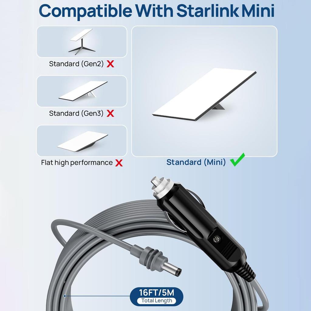 16FT/5M For Starlink Mini DC Power Cable Direct To Cigaretter 12V - 24V Adapter Power Cable For Starlink Mini Waterproof DC Plug