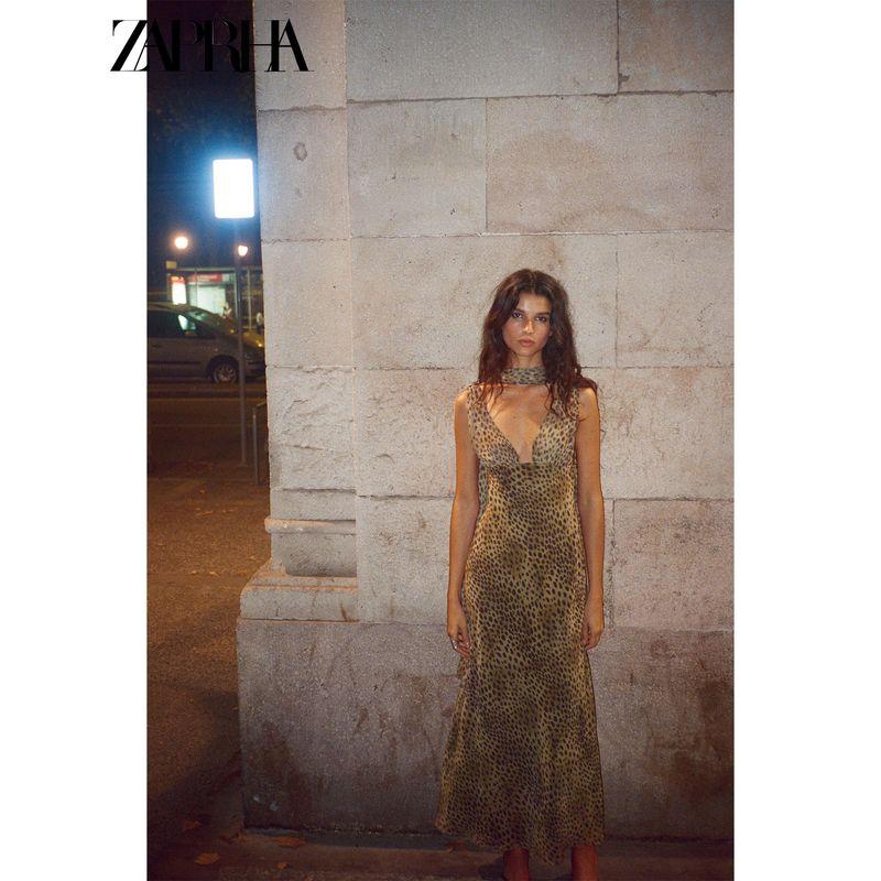 Zaprha 2025 Autumn New V-neck Wide Shoulder Strap Animal Pattern Print Scarf Mid-Length Dress 8692114