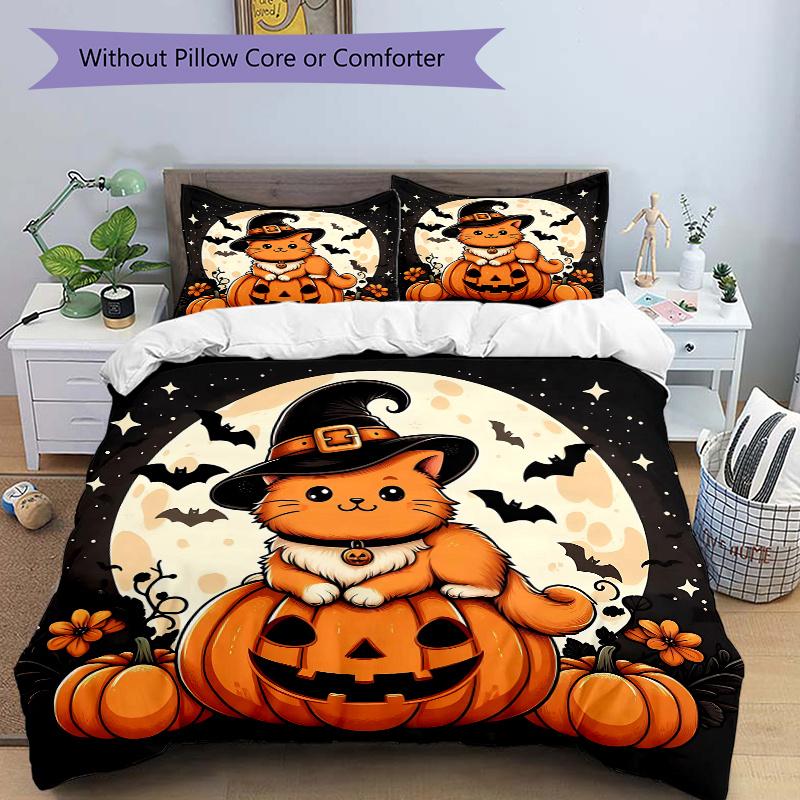

3 шт. Хэллоуинский комплект постельного белья «Лунно-оранжевый кот и тыква», Включает 1 пододеяльник и 2 наволочки, Без наполнителя, Мягкий и удобный для дома, Спальни 135x200cm