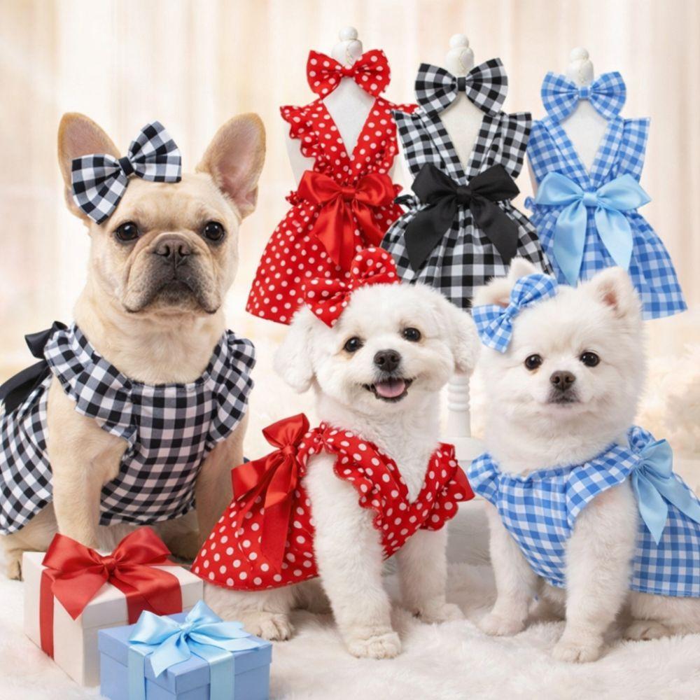 Bow Headband Cat Dog Princess Dress Polka Dots Printing Pet Dress Cute Pet Skirts Spring Summer