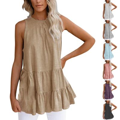 Women's Color Pullover Round Neck Pleated T-Shirt Sleeveless Vest Loose Top