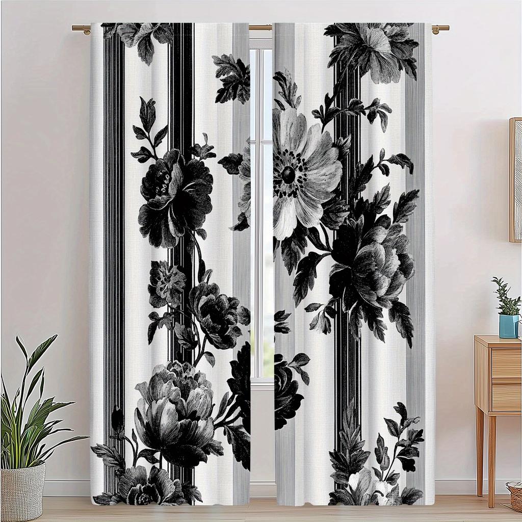 Black White Floral Pattern Curtains Polyester Fabric Suitable Living Room Bedroom Decoration Curtain Machine Washable Perfect For Great
