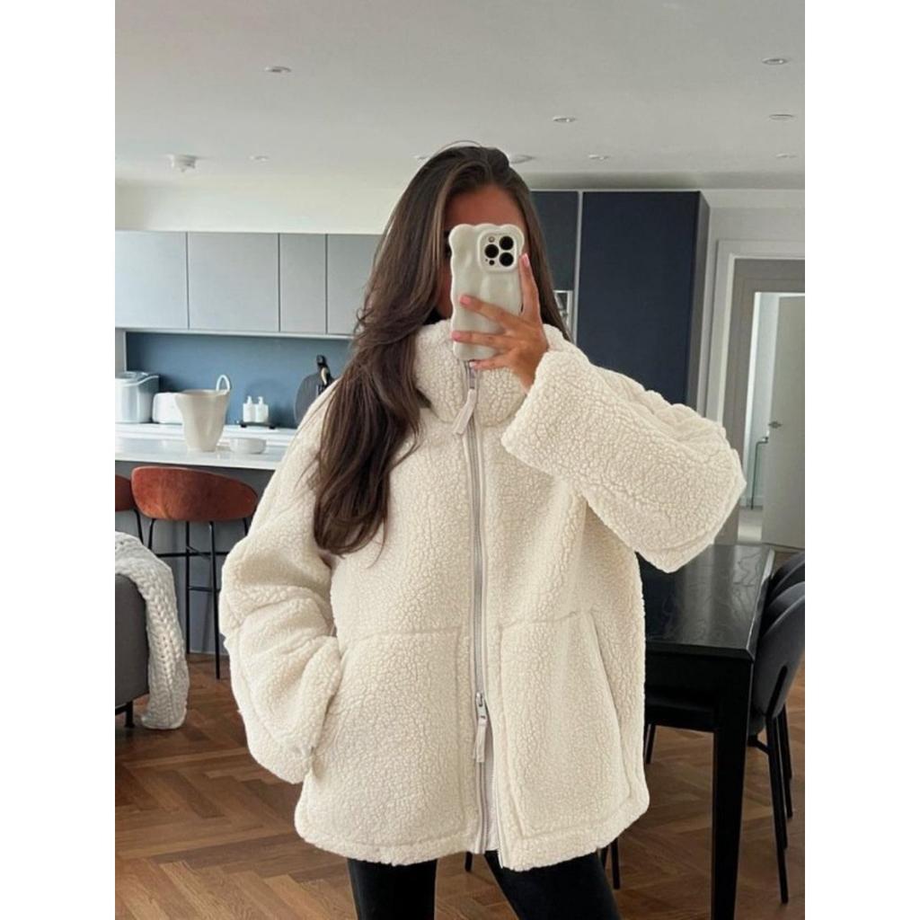 Herbst Winter Damen einfarbiger lässiger Stil hoher Kragen Sherpa Mantel, warme lockere Lammwolle Oberbekleidung für Damen