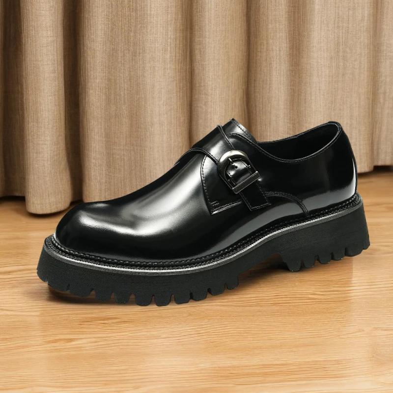 New Thick-Soled British Style Casual Wedding Leather Glossy Slip-On Height-Increasing Men's Formal Business Monk Shoes