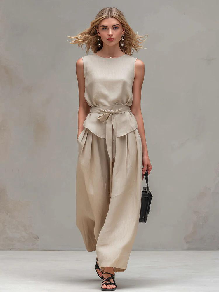 2026 Casual Linen Sleeveless Top & Long Pants Set: Chic European-American Style L