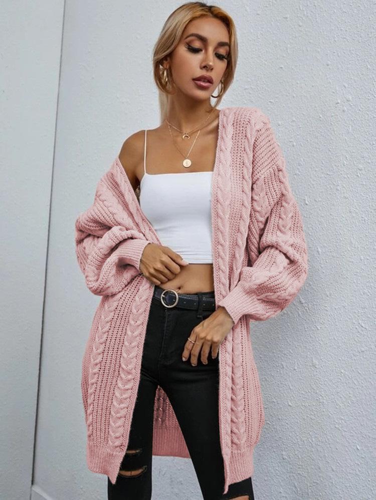 

European & American Women s Autumn/Winter Loose Mid-Length Solid Color Twist Knit Cardigan Sweater Small