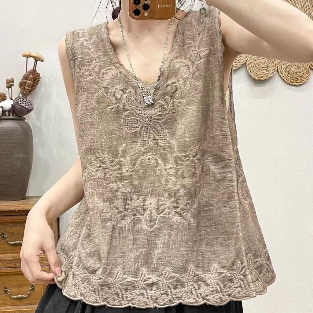 Canotta da Donna in Cotone e Lino con Fiore Ricamato Top Estivo