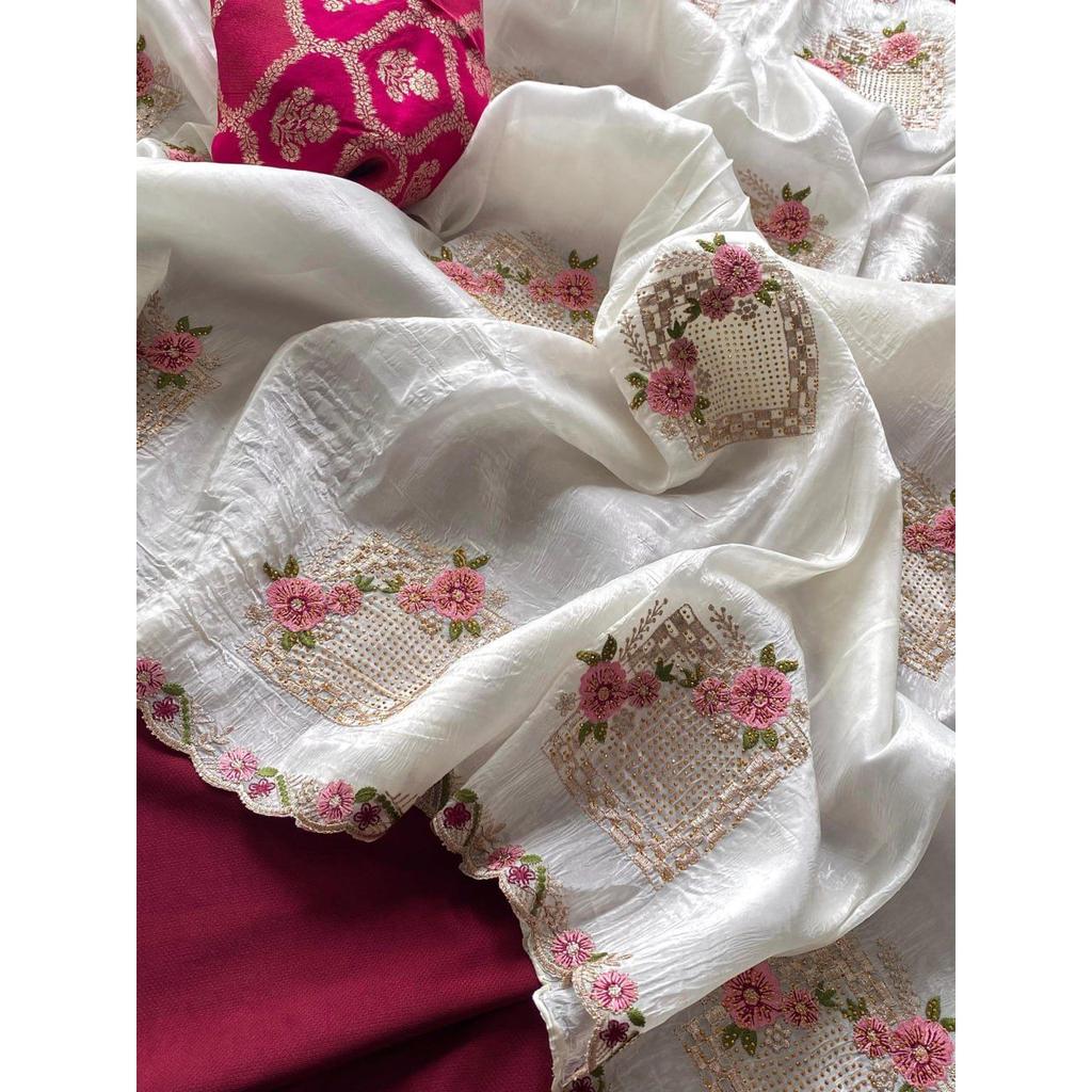 Pure Paper Silk Crush Saree  Beautiful Floral Embroidery All Over