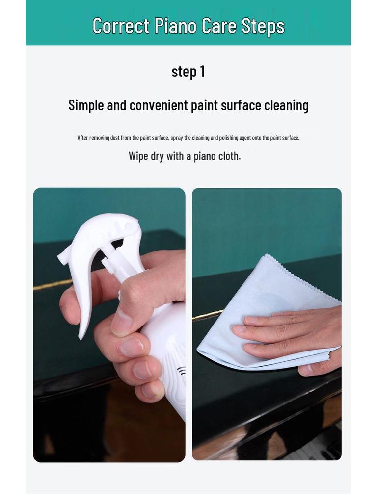 Piano Surface Care Set: Cleaner, Conditioner, Scratch Repair, Polishing Wax, Wiping Tool.