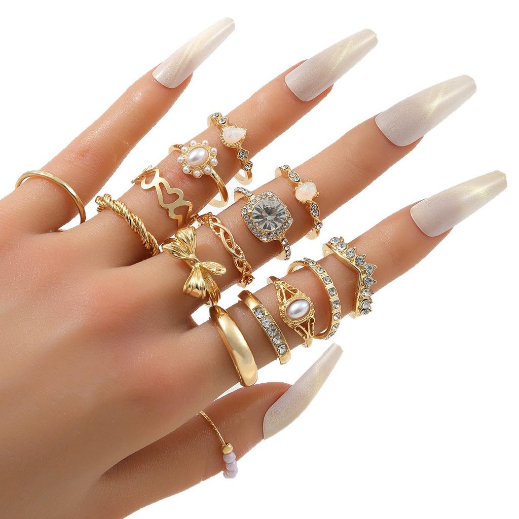 TEMU hot sale new luxury micro-inlaid zircon set ring European and American women's bow set ring set