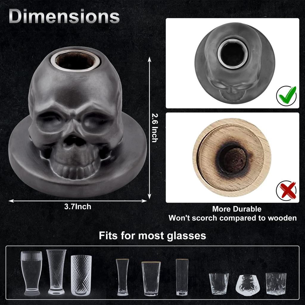 Cocktail Smoker Kit with 4 Flavors Wood Chips -Ceramics Bourbon Whiskey Skull-Shaped Old Fashioned Smoker Infuser for Bar Tools