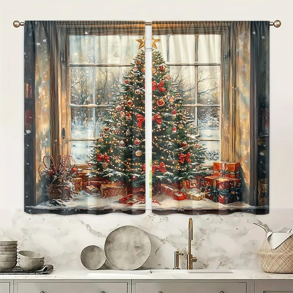 Set Of 2 Christmas Tree Curtains Polyester Bedroom Living Room Office Decor Curtain Light Filtering With Rod Pocket Machine Washable Ideal For Great