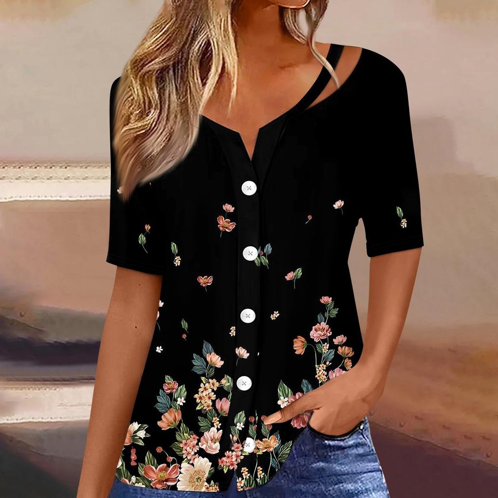 Damen T-Shirt mit Aufdruck, kurzärmelig, V-Ausschnitt, Knopfleiste, Strickjacke, T-Shirt, Top