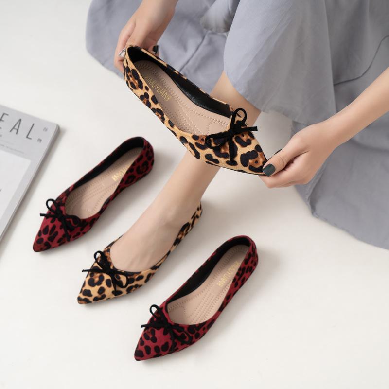 Mode Elegant Schleife Leopardenmuster Ballerinas Frau Übergröße 40-43 Sneaker Schuhe Damen Slipper spitze Zehen Flock Mokassins