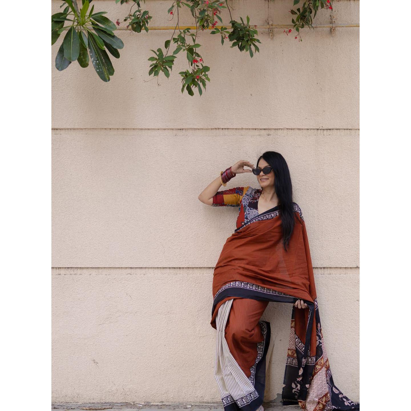 New Exclusive Designer Linen Cotton Saree – Half & Half Elegance Rich Pallu Edition коричневый