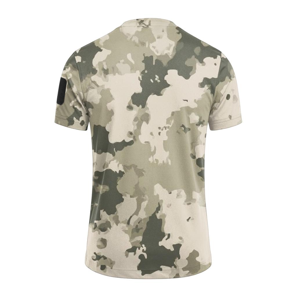 Men Tactical Camouflage Pattern Crew Neck Loose Fit Short Sleeve Outdoor Quick Dry T Shirt with Velcro Patch Panel