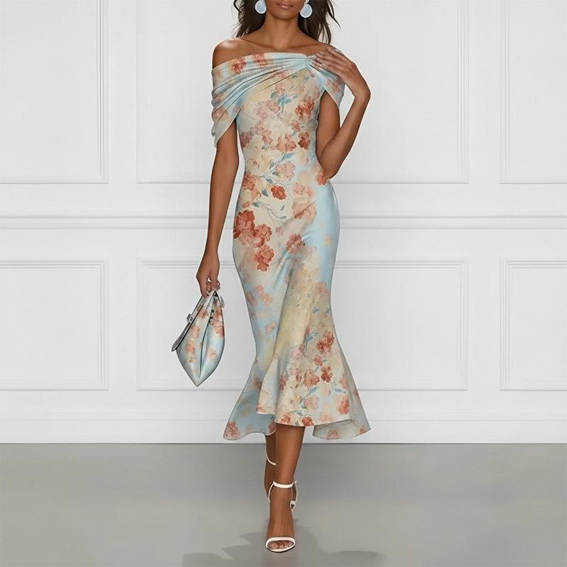 Spring New Women's Clothing, European and American Dresses, Elegant Casual Loose Plant Print Dresses