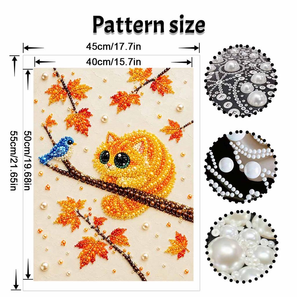Cute Orange Cat and Blue Bird Autumn Maple Leaves 5D Pearl Painting Kit with Frame DIY Sparkling Bead Canvas Art Relaxing Craft for Girls Room Decor