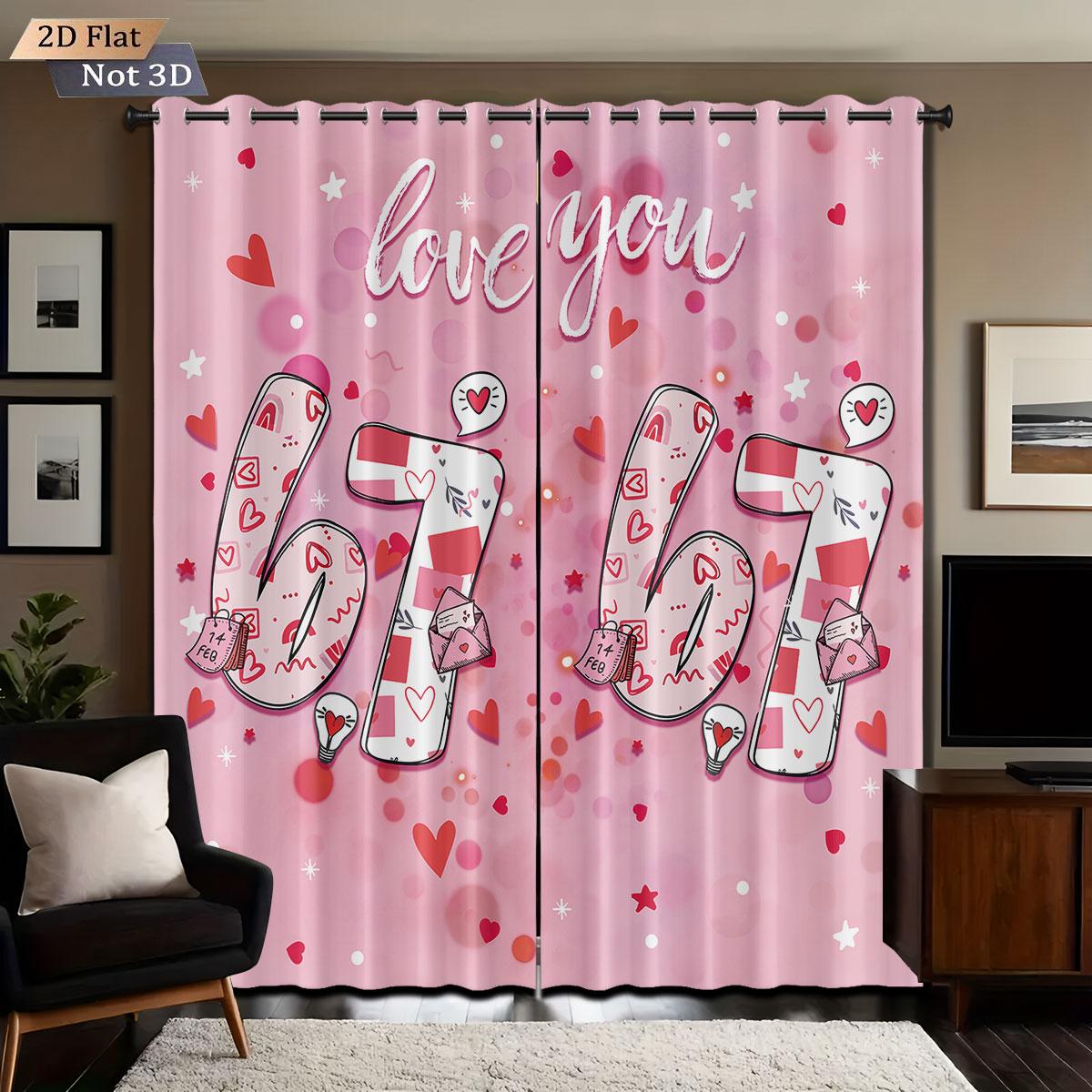 

2pcs Valentine s Day Pink Love 67 Element Print Blackout Perforated Curtain Multi Size Living Room Bedroom Insulation Decoration 140x160&Grommet Top