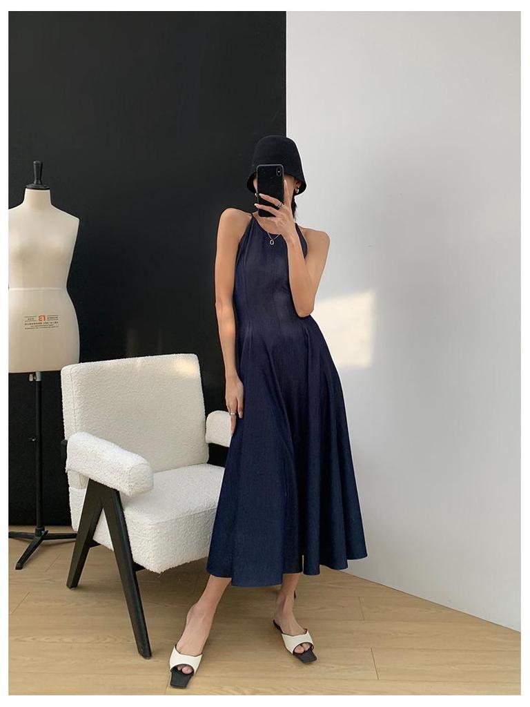 Washed Denim Waist-Defining Big Swing Long Sundress