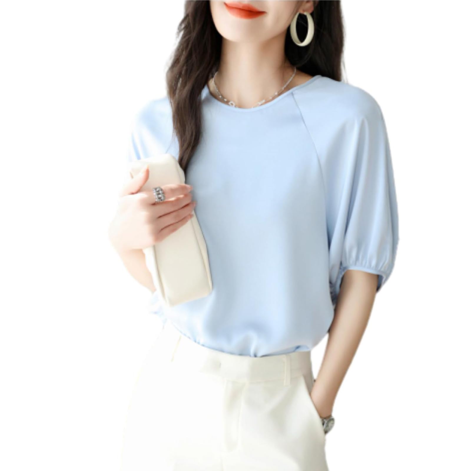 

Chiffon Round Neck Loose Slimming Everyday [MSFQSNB] Women s Blouse, Pullover, Fit, Effect, Versatile, Elegant, Stylish, Cute, Casual, Office, синий