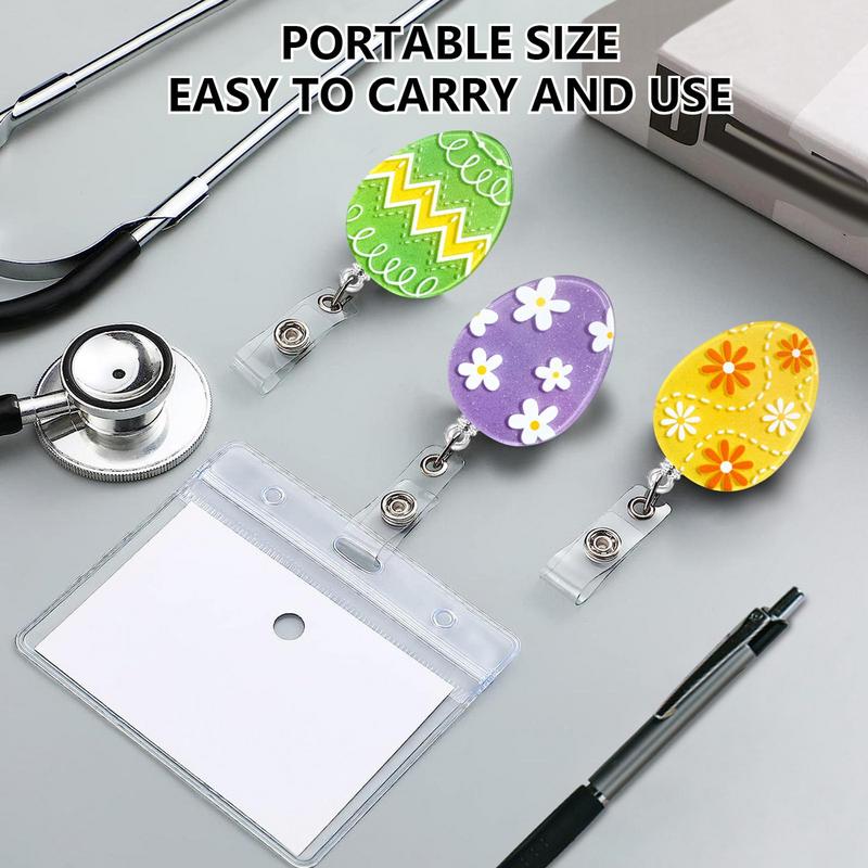 Egg-Shaped Easter Tag Holder Cute Card Clips Retractable Badge Reel Clips for Key Ring ID Card Name Keychain Rotating Buckle