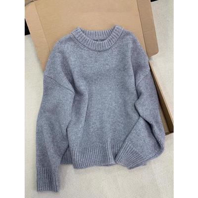 Pull pull over gris premium à col rond tricoté haut pour femmes automne et hiver ample épaissi relaxation doux cireux pull paresseux