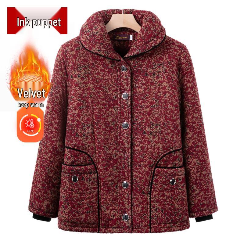 Moou Women's Thickened Fleece-Lined Lapel Jacket for Elderly