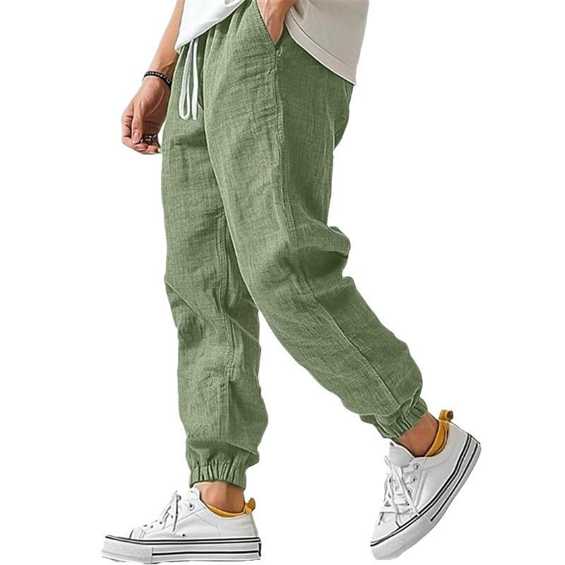 Men's Cotton-Linen Blend Casual Trousers High-Quality Elasticated Waistband Straight Leg Solid Colour Comfortable and Breathable Cuffed Bottom