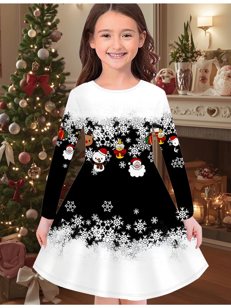 Girls' Autumn and Winter Fashion Dress, 3D Christmas Print  Round Neck Long Children's T-shirt Dress, Casual Versatile, Christmas Clothing