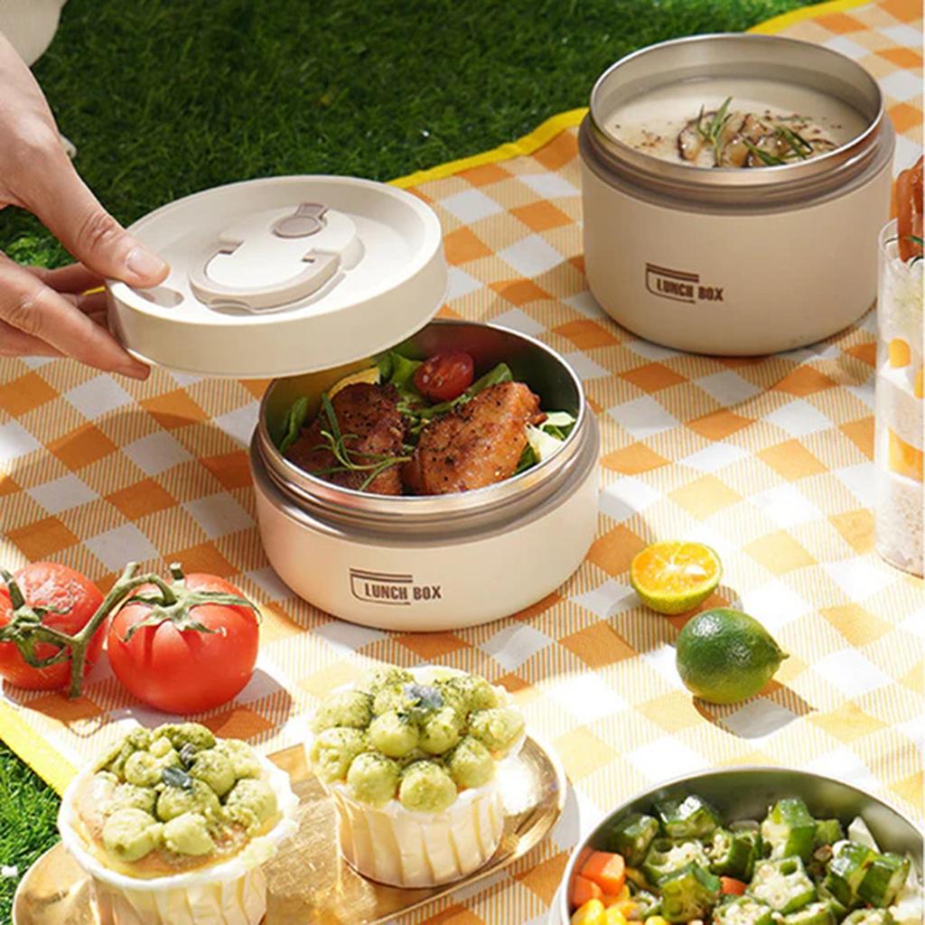 Thermal Lunch Box with Lid Leakproof Round Picnic Lunchbox with Folding Handle for Kids Students Adults MIAO-US