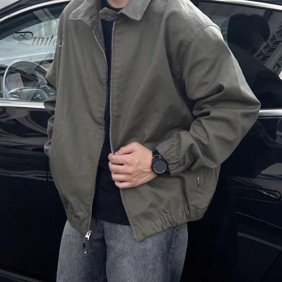 Men Coat Lapel Collar Long Sleeve Solid Color Jacket with Pockets Loose Fit Street Style Casual Outerwear