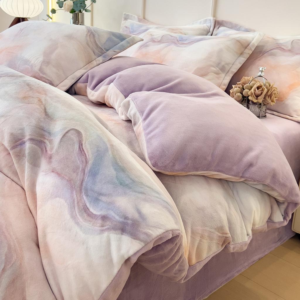 Thickened Milk Fleece Bed Four-Piece Set Double-Sided Fleece Quilt Cover Bed Sheet Coral Flannel Bedding
