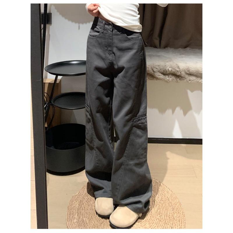 Womens High Waist Grey Cargo Wide Leg Jeans Casual Loose Streetwear Denim Trousers Y2K Style