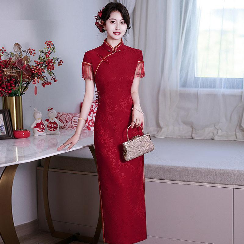 Red national style new Chinese long improved cheongsam 1011 new women's high-end bridal engagement dress toasting clothes